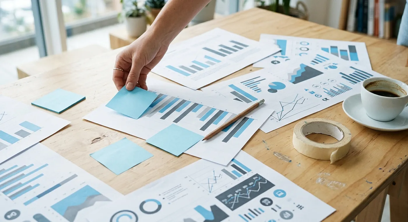 Overhead view of a desk covered in printed charts and sky-blue sticky notes, one hand placing a note