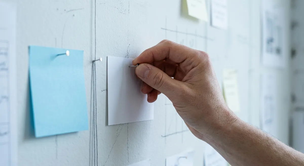 A hand pressing a push pin through a white card onto a bright planning wall