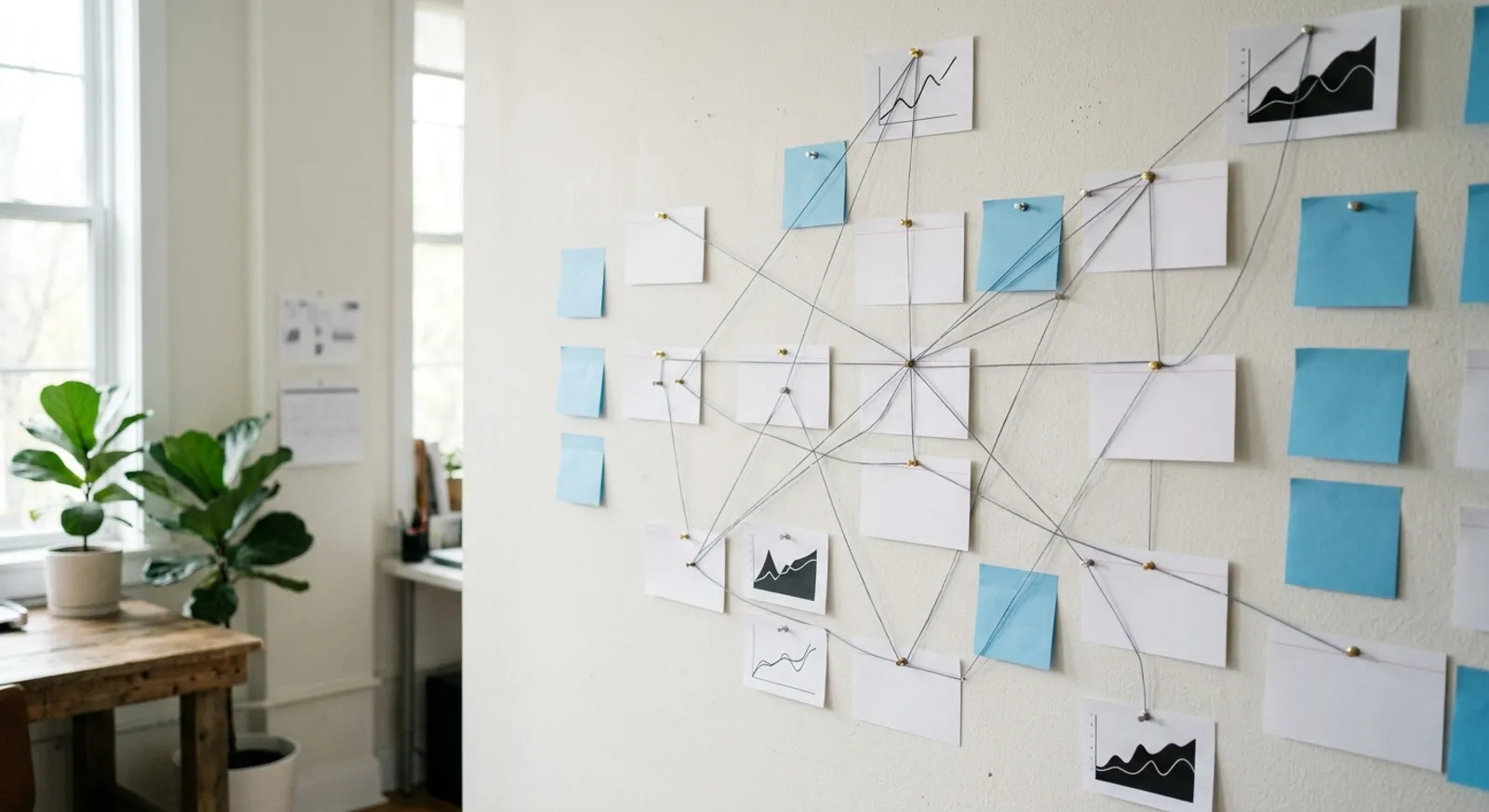 A planning wall with white cards, sky-blue sticky notes and thread connecting pinned charts